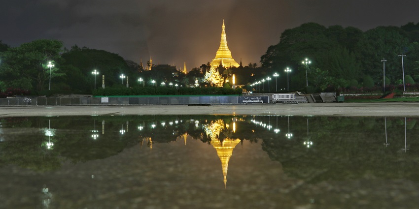Snapshot of the reflection of Shwedagon Pagoda in Yangon in Myanmar