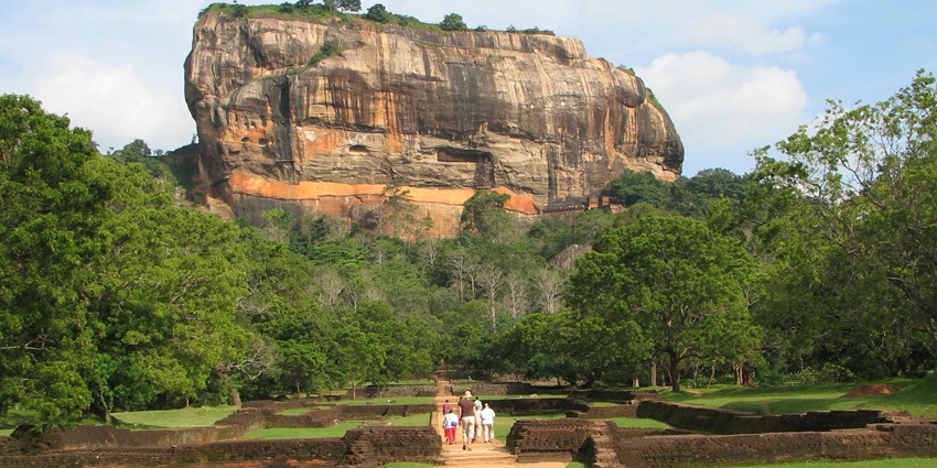 Front view of the Sigiriya Rock Fortress, built by King Kashyapa in Matale District, Sri Lanka.