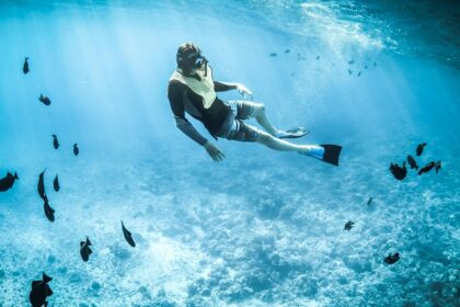 An image of a snorkeller surrounded by black fishes similar to snorkelling in India