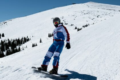 An image of a man on a snow-covered mountain with rugged peaks, preparing for snowboarding in India.