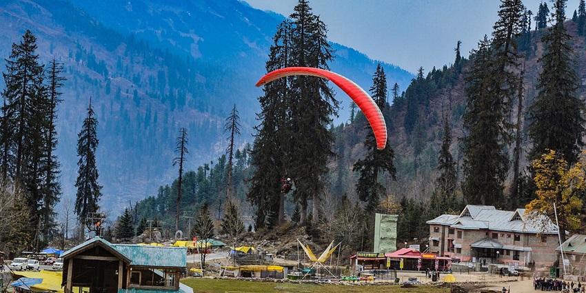 Paragliding is underway at scenic Solang Valley near Manali in Himachal Pradesh.