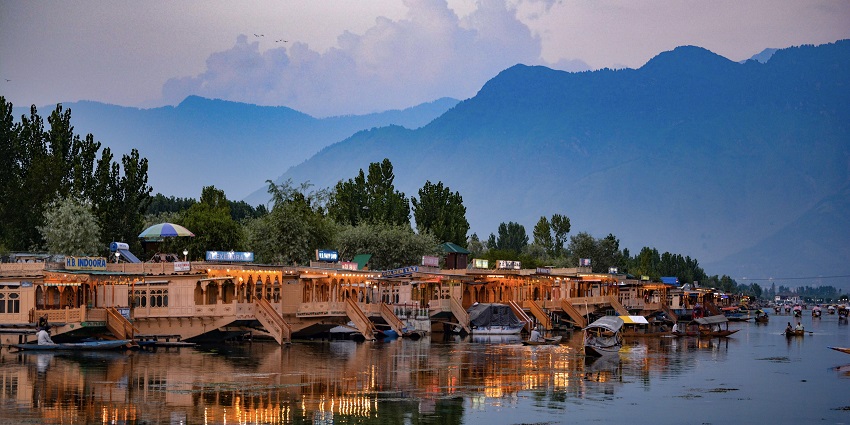 Beautiful houseboats line the bank of Dal Lake in Srinagar, Jammu and Kashmir.