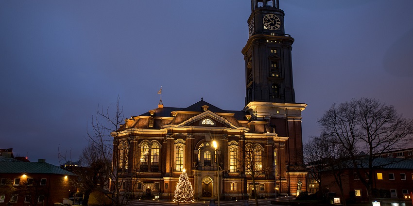 A view of the iconic St. Michael's Church in Hamburg, showcasing its baroque architecture.