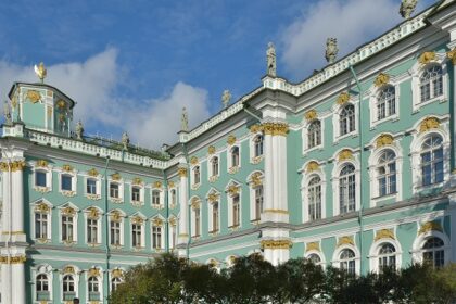 The State Hermitage Museum's Winter Palace shining in daylight, showcasing its grand architecture