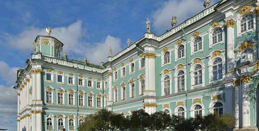 The State Hermitage Museum's Winter Palace shining in daylight, showcasing its grand architecture