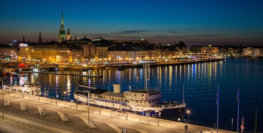 An image showing illuminated Stockholm at night, capturing the Stockholm nightlife.