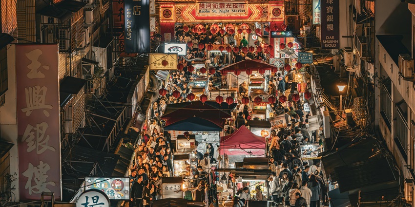Scenic image of the Strand Road night market in the Yangon city of Myanmar