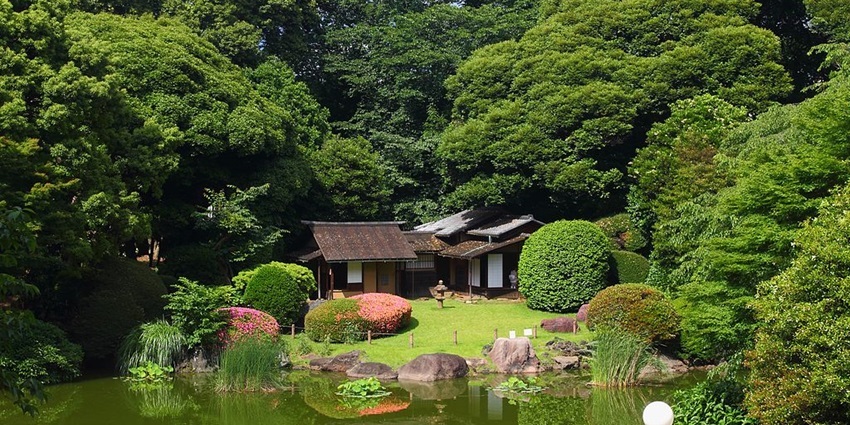 A tranquil view of Tokyo National Museum Garden with lush greenery and historic teahouses