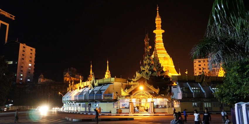 Night view of Sule Pagoda in downtown Yangon in Myanmar