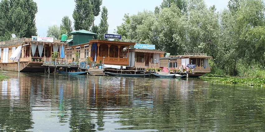 Several houseboats parked with small boats near the shore reflecting on the green waterbody