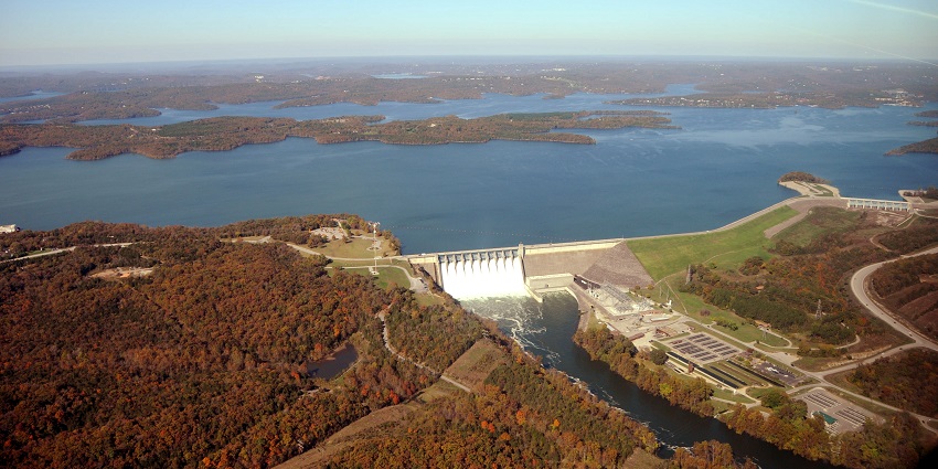 Aerial view of the Table rock lake in Missouri from above with the table rock dam
