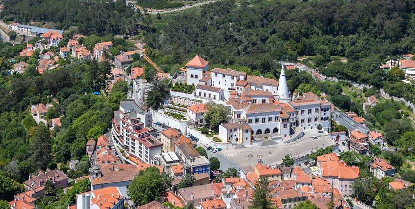 An aerial view of the town of Sintra in Portugal with scenic views during day time