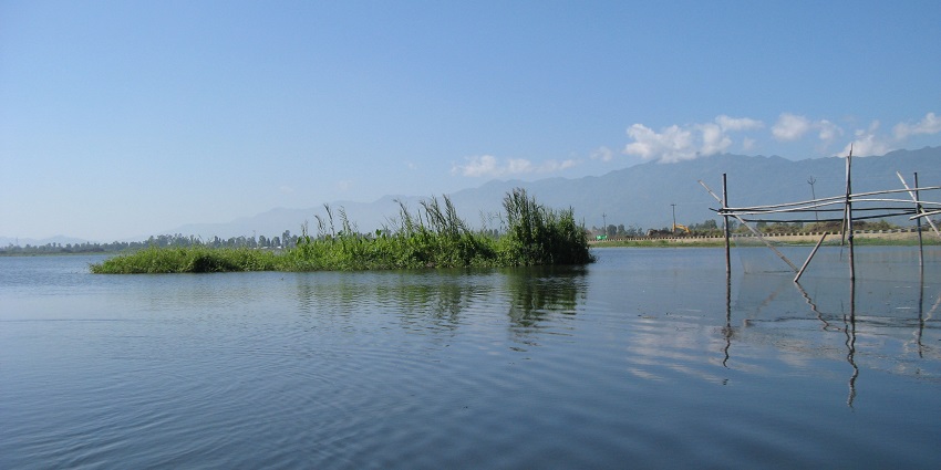 Lake with small green grass in the middle of the lake and a wooden structure in the lake