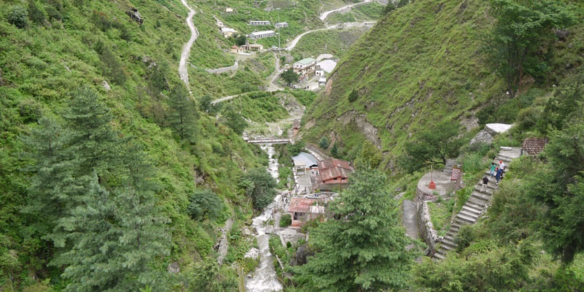 An image of the aerial view Tapovan, a hill station in Himalayas, near Joshimath.