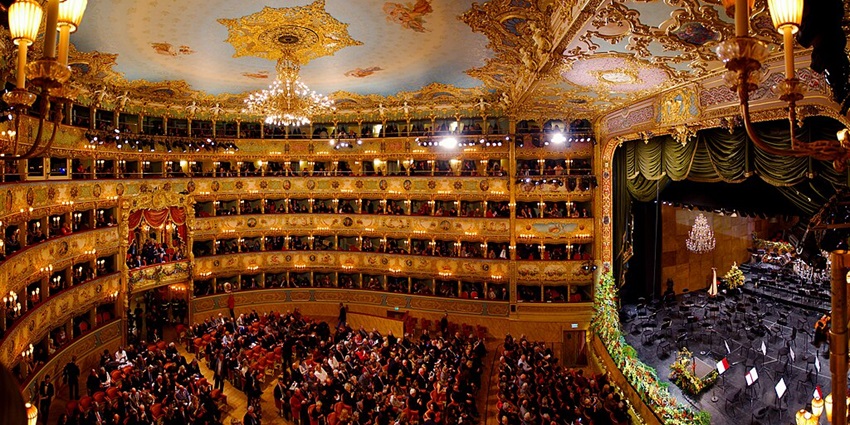 Bustling crowd at Teatro La Fenice, a nice spot to visit on Valentine’s Day in Venice.