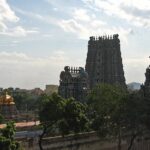 Multiple gopurams of temples with detailed carvings and vibrant, colourful architecture