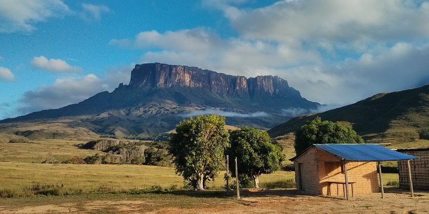 The Kukenan Tepui, a tabletop mountain, seen from a distance at Canaima National Park