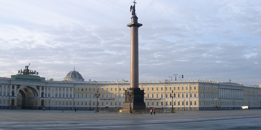 The Alexander Column stands tall in Palace Square, a landmark of the museum