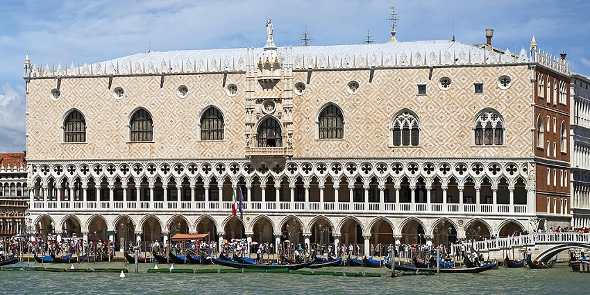 The Doge's Palace in Venice, an iconic Gothic-style building overlooking the Grand Canal.