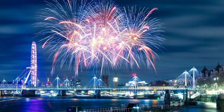 A vibrant fireworks show over the London Eye and River Thames during the New Year in London