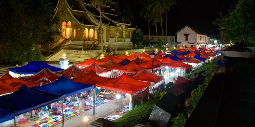 Image of Luang Prabang Night Market with red colour and blue colour tents