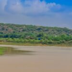 View of Damdama Lake, surrounded by lush green trees and Aravalli hills in Haryana.