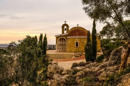 Beautiful coastline in Cyprus with the historic church in the background