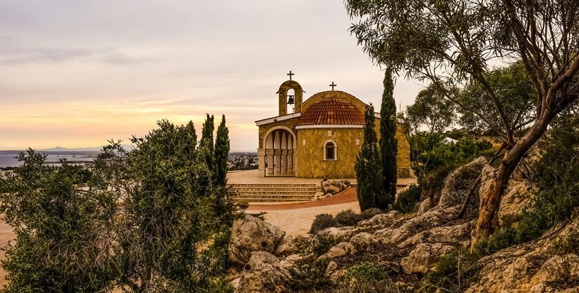 Beautiful coastline in Cyprus with the historic church in the background