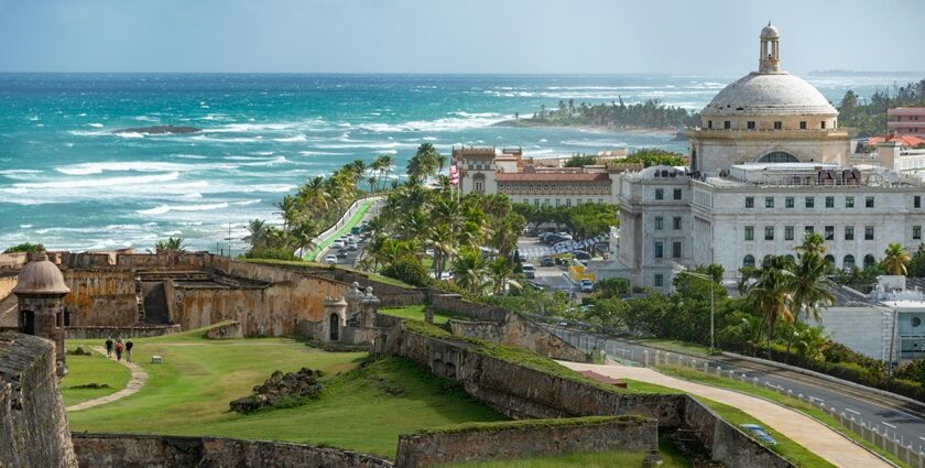 El Morro fortress in Puerto Rico, overlooking the coast with buildings in the distance