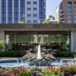 The south visitor centre at the Salt Lake Temple amidst the colourful garden and fountain