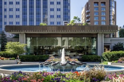 The south visitor centre at the Salt Lake Temple amidst the colourful garden and fountain