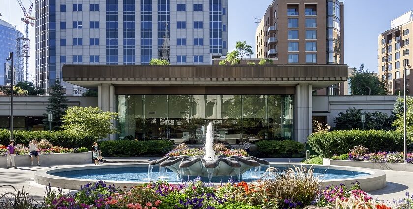 The south visitor centre at the Salt Lake Temple amidst the colourful garden and fountain