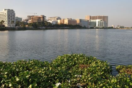 A view of high-rise buildings in Kolkata’s Salt Lake, as seen from a nearby pond