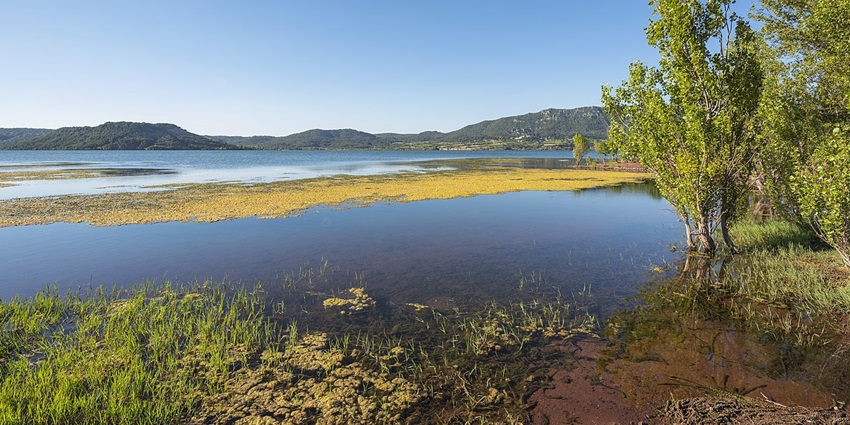 An image of a serene mountain lake surrounded by lush greenery and misty hills.