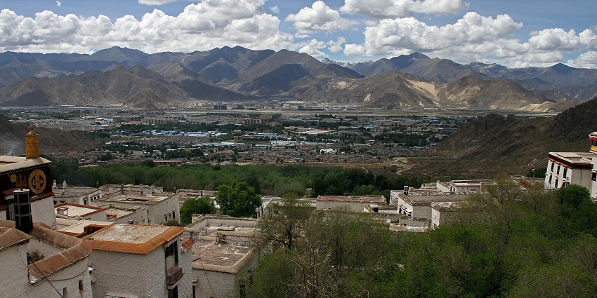 Wide angle shot of the amazing landscape which has the Drepung Monastery.
