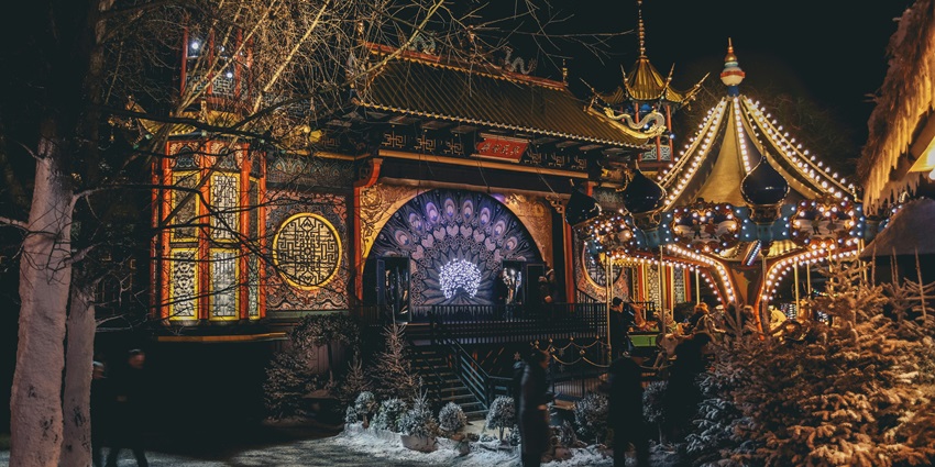 Image of the main entrance to the amusement park Tivoli, seen from Axeltorv in Copenhagen.