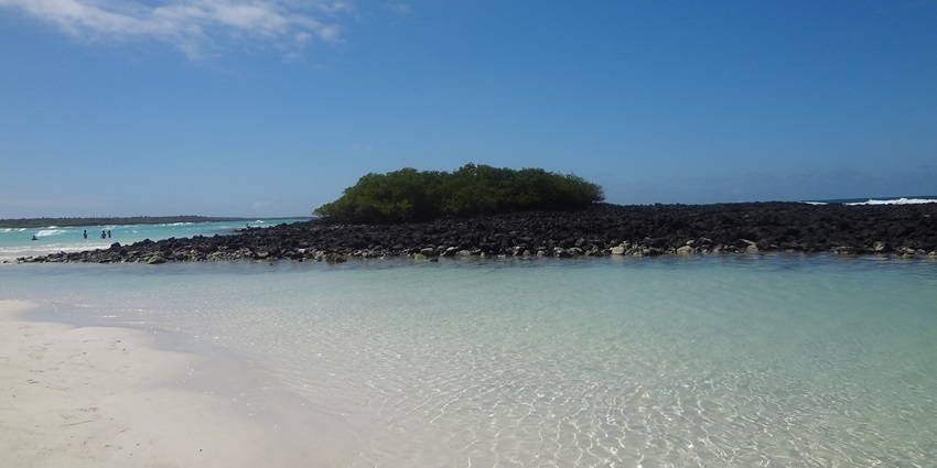 Pristine white-sand beach, famous for turquoise waters, marine iguanas, and peaceful ambience.