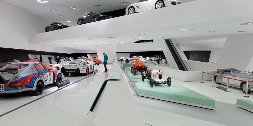 An image of the interior of the Porsche Museum, a great thing to see in Stuttgart.