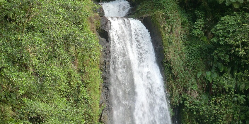 One of the twin Trafalgar waterfalls at the Morne Trois Pitons National Park amidst mountain.