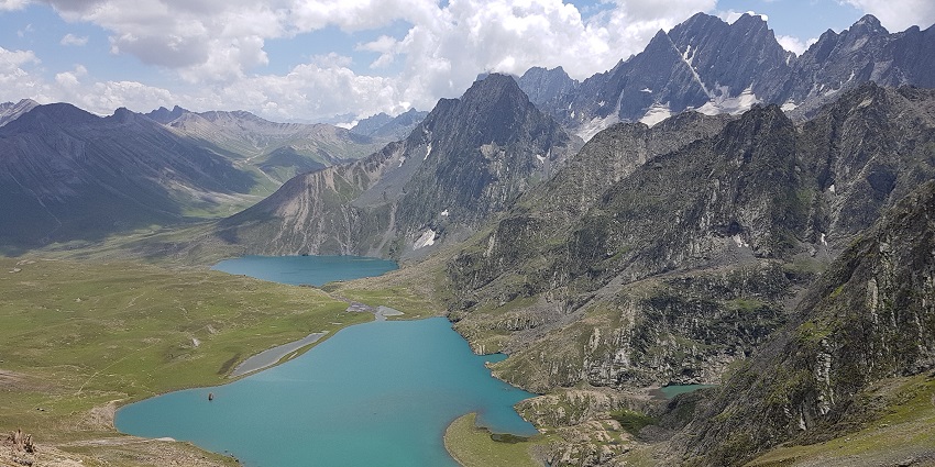 View of Vishansar Lake is seen from Gadsar Pass en route to Great Lakes Trek.