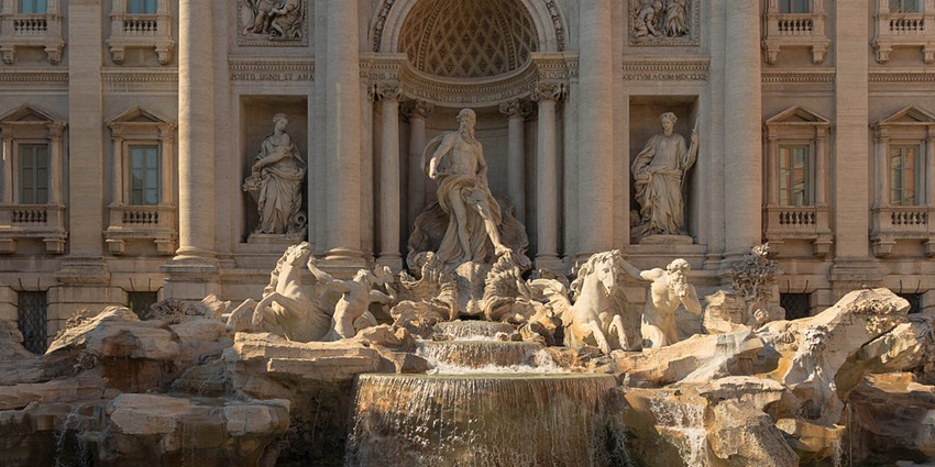 A detailed look of the Trevi Fountain, one of the top architectural places to visit in Rome.