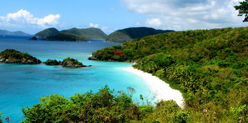 An image of Trunk Bay, famous for its underwater snorkeling trail and powdery white sand