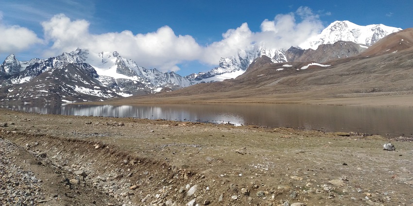 Landscape of Tso Lhamo Lake in North Sikkim with sandy shorelines and mountains in the background .