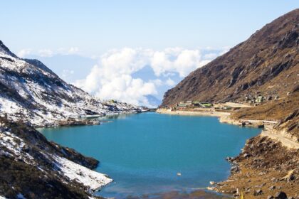 Partially frozen waters at Tsomgo Lake or Changu Lake in Sikkim, North East India