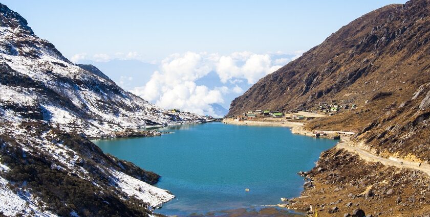 Partially frozen waters at Tsomgo Lake or Changu Lake in Sikkim, North East India