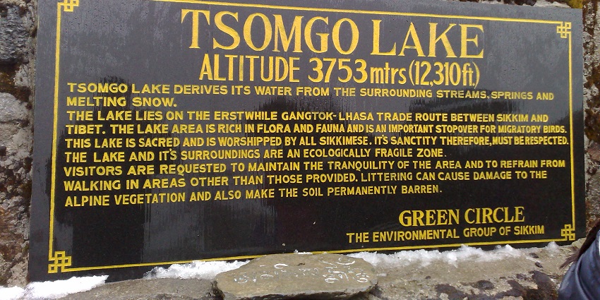 A sign board at Tsomgo Lake shows its staggering altitude of 3753 metres (12,313 feet)