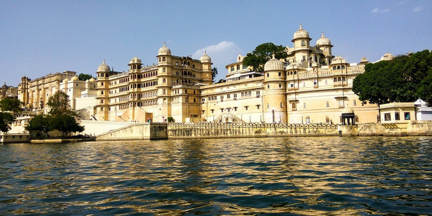 An aerial view of Udaipur in India which is home to beautiful lakes, gardens, and palaces.