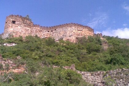 Ancient stone walls of Udayagiri Fort rising atop a lush green hill under a clear sky