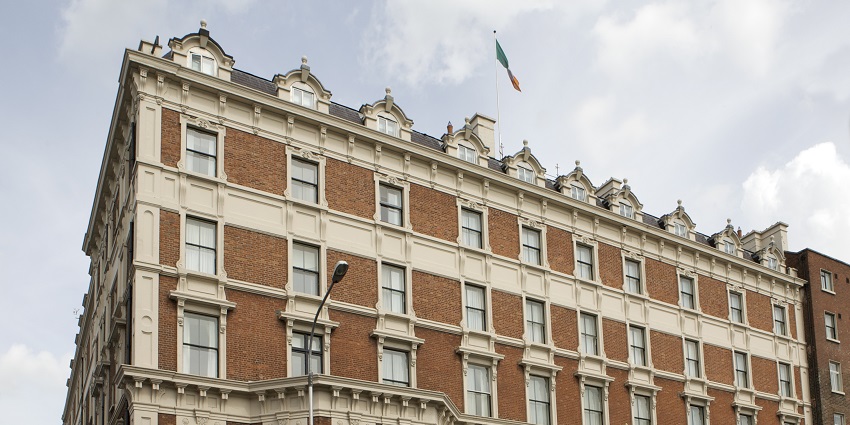 An image showing the front view of The Shelbourne in Dublin, showcasing its elegant facade.