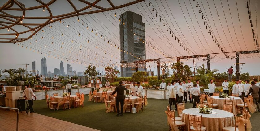 An event hall decorated for the celebration of Valentine’s Day in Mumbai.